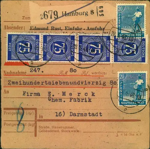 1948, interessant frankiertes Paketkartenstammteil ab HAMBURG 8