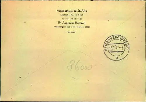 1947, Einschreiben mit violettem R-Stempel (13b) Augsburg 11