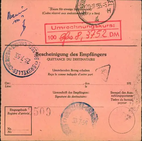 1955, Auslandspostanweisung mit 70 und 80 Pfg. Heuss I ab FRANKFURT (MAIN) nach Belgien.