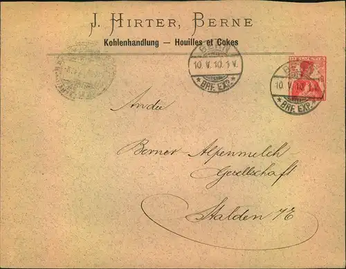 1910, Privatumschlag der Firma ""J. Hirter, Berne"" mit Wertstempel 10 Rp Helvetia gelaufen ab BERN: