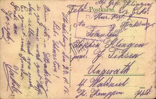 1918, Feldpostkarte aus Strasburg nch Ungerath b. Walsniel mit seltener Zensur ""Dülken P.K. zu befördern"". Heute zu  V