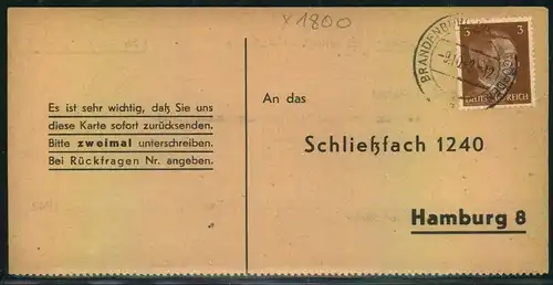 1942, Liebesgabenpaket Empfangsbestätigung ab BRANDENBURG A.D. HAVEL