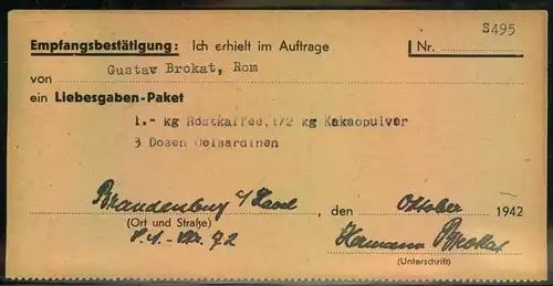 1942, Liebesgabenpaket Empfangsbestätigung ab BRANDENBURG A.D. HAVEL