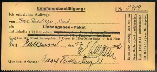 1942, Liebesgabenpaket Empfangsbestätigung ab RATHENOW