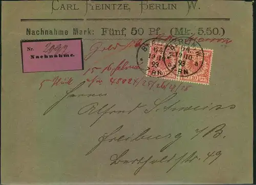 BERLIN W 64. 1893 auf Nachnahmebrief mit waagerechtem Paar krone/Adler nach Freiburg i. B.