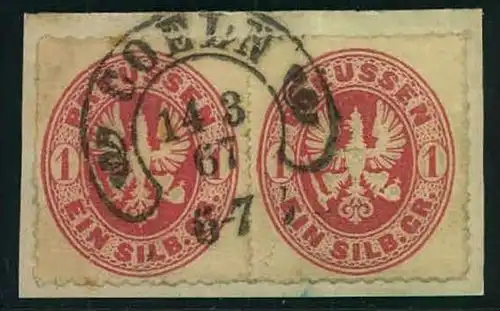 1867, 1 Sgr. Wappen in waagerecHten Paar mit Hufeisenstempel CÖLN auf Briefstück.