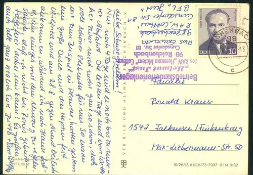 1974, Postkarte ab Reichenbach mit Absenderstempel ""Betirebskinderferienlager Helmut Just""