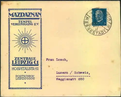 1930, Firmen-Werbebrief, "advertising covers", Reklame, MAZDAZNAN Tempel Vereinigung E.V.  Zentrale LEIPZIG C1, Messest
