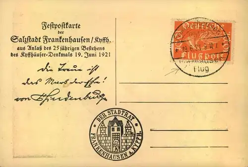 1921, KYFFHÄUSER FLUG, Sonderstempel auf Festpostkarte Frankenhausen