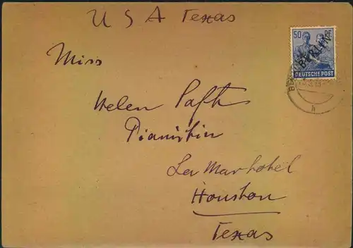 1948, Auslandsbrief nach USA mit 50 Pfg. Schwarzaufdruck (Mi-Nr. 13)