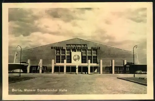 1951, Postkarte, Abb. ""Werner Seelenbinder Halle"", mit 12 Pfg. Weltfestspiele
