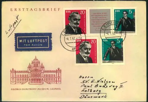 1962, Dimitroff im Zdr. Streifen und 2 Einzelwerte portogerecht auf Luftpost-Auslandsbrief