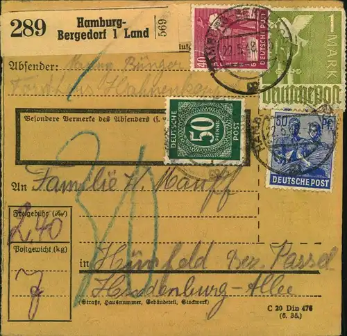 1948, Paketkartenstammteil mit Ziffern und Arbeiter-Frankatur ab HAMBURG BERGEDORF LAND. 1 Mark wegen Randklebung etwas