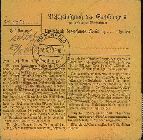 1948, Paketkartenstammteil mit Ziffern und Arbeiter-Frankatur ab HAMBURG BERGEDORF LAND. 1 Mark wegen Randklebung etwas