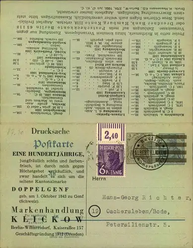 1947, dekorative Bestell-Doppelkarte des Briefmarkenhändlers Klickow in Berlin.