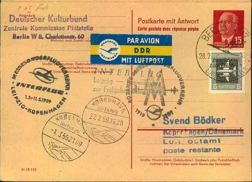 1959, Doppel-Ganzsachenkarte 15 Pfg. Pieck mit 5 Pfg. Flugpost ab BERLIN nach Kopenhagen. Michel 100,-