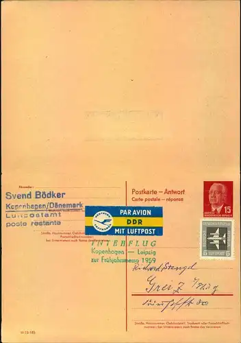 1959, Doppel-Ganzsachenkarte 15 Pfg. Pieck mit 5 Pfg. Flugpost ab BERLIN nach Kopenhagen. Michel 100,-