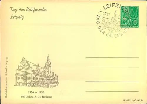 1956, Privatganzsache 10 Pfg. Fünfjahresplan zum ""Tag der Briefmarke"" mit SSt LEIPZIG.