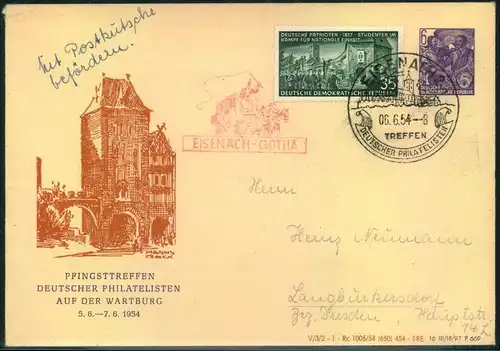 1954, Privatumschlag 6 Pfg. Fünfjahresplan zum ""Pfingsttreffen Deutscher Philatelisten auf der Wartburg"" mit Sonderste