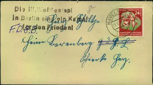 1951, Fernbrief mit 24 Pfg und Propagandastempel zu den Weltfestspielen ab HAVELBERG