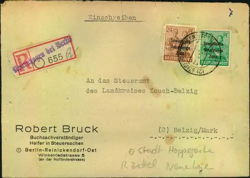 1948, Doppel-R-Brief Maschinen-Aufdruck und Not-R-Zettel ""Neuenhagen bei Berlin"", gestempelt STADT HOPPEGARTEN