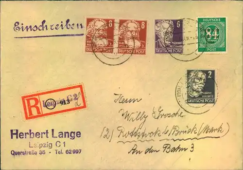 1949, R-Doppelbrief mit Köpfe und Masch.-Aufdruck ab LEIPZIG C 2