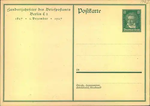 1927, Sonderkarte ""100 Jahre Briefpostamt Berlin C2"" ungebraucht.