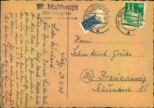1948, Postkarte ab SALZGITTER mit umgeschlagener Notopfermarke, interessant