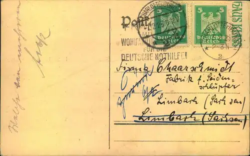 1925, frankierte Postkarte ab BERLIN-CHARLOTTENBURG - ""zurück"" 2 tage später nochmals frankiert und abgeschickt.