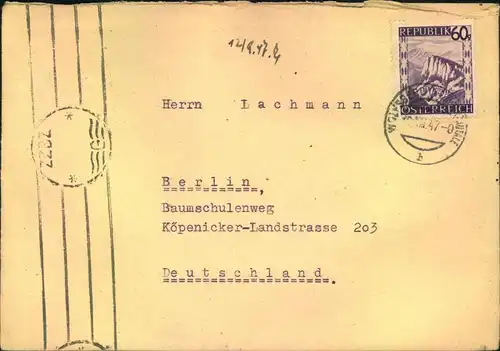 1947, 60 Gr. Landschaften auf Brief mit Britischer Zensur ZZBZ ab Wolfsberg nach Deutschland