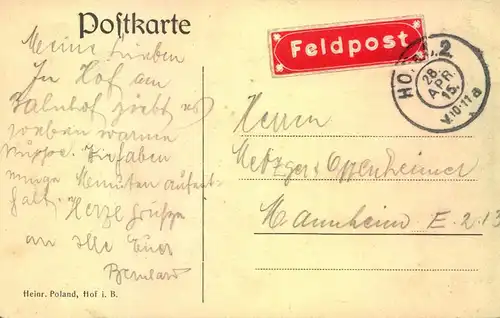 HOF, 1915, KÖNIGLICHE FILIALBANK, gelaufen, Feldpost