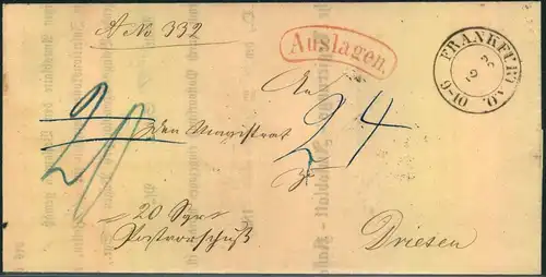 1859, Auslagenbrief mit 20 Sgr. Postvorschuß ab FRANKFURT/ODER.
