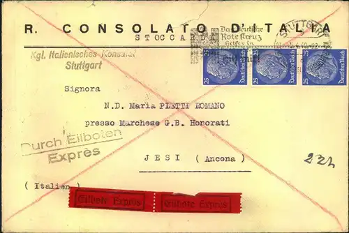 1940, Eilbrief des Italienischen Kosulats in Stuttgart mit 3-mal 25 Pfg. Hindenburg nach Jesi (Ancona) ohne Zensur.