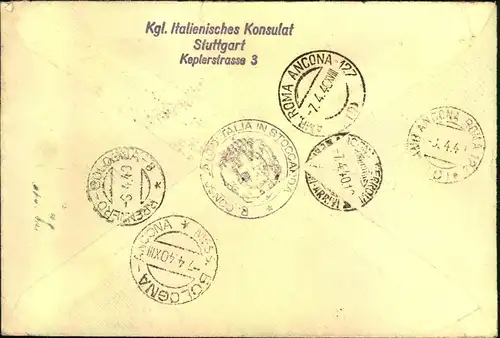 1940, Eilbrief des Italienischen Kosulats in Stuttgart mit 3-mal 25 Pfg. Hindenburg nach Jesi (Ancona) ohne Zensur.