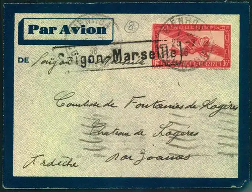 1936, air mail SAIGON-MARSEILLE, flap missing.