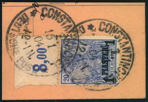 1904, 1 Piaster auf 20 Pfg. vom Plattendruck-Oberrand auf Briefstück gestempelt CONSTANTINOPEL 1.