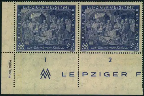 1947, 60 Pfg. Messe im waagerechten Eckandpaar mit Druckvermerk und Plattenfehler I.