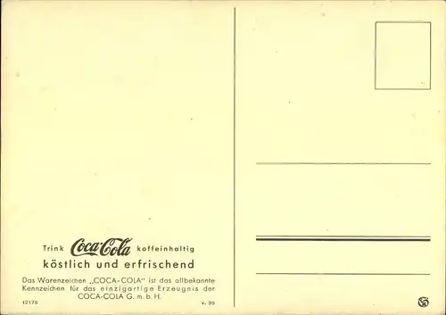 WERBUNG, Deutsche Coca Cola, ungebrauchte Karte nach dem Druckvermerk anscheinend auf 1939.