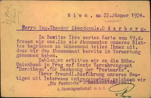 1924, 8 Kr. Feldpostkarte mit Zudruck als Formular zum Sondertarif  nach CSR