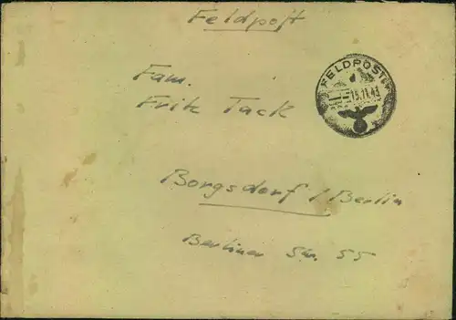 1943, zensierter Feldpostbrief von FP-Nummer 44127 nach Borgsdorf b. Schwerin