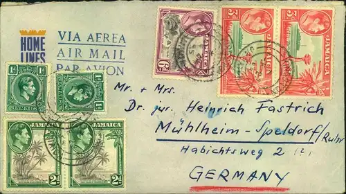 1955, airmail with late Georg VI franking sent from KINGSTON to Mülheim/Ruhr.