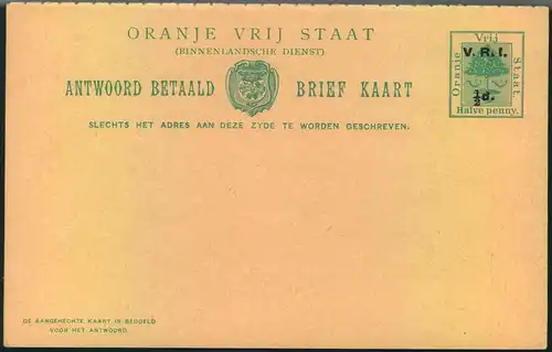 Double stat. Card 1/2 Penny overprinted ""V.R.I. 1/2 d."" clean unsused.