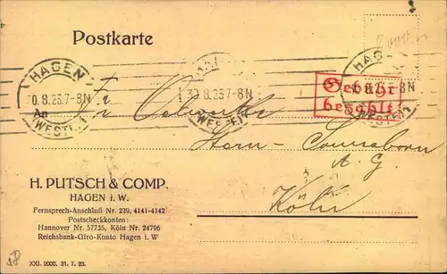 1923, Firmenkarte ""Gebühr bezahlt"" ab HAGEN 30.8.23