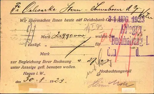 1923, Firmenkarte ""Gebühr bezahlt"" ab HAGEN 30.8.23