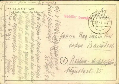 1948, Ak, Motiv Halberstadt mit L1 ""Gebühr bezahlt"", handschr. ""12"" ab (19) WERNIGERODE