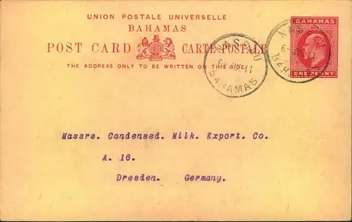 1911, 1 d stat. Card with private imprint from ""Bank of Nassau"" sent to Dresden, Germany.