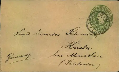 1901, stat. Envelope 2 d QV sent from ABERDEEN C.G.H. to Muskau, Schlesien, Germany.