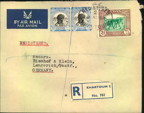 1952, registered letter from KHARTOUM to Lengerich, Germany.