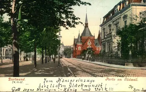 1905, DORTMUND, schöne Farbkarte "Partie am Südwall", gelaufen nach Norwegen.