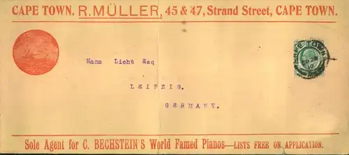 1910, printed matter from BECHSTEIN AGENTS, Famed Pianos in Cape Town to Leipzig